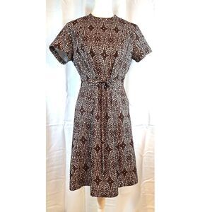 1960s 70s Vintage Brown & White Dress Double Knit Front Tie